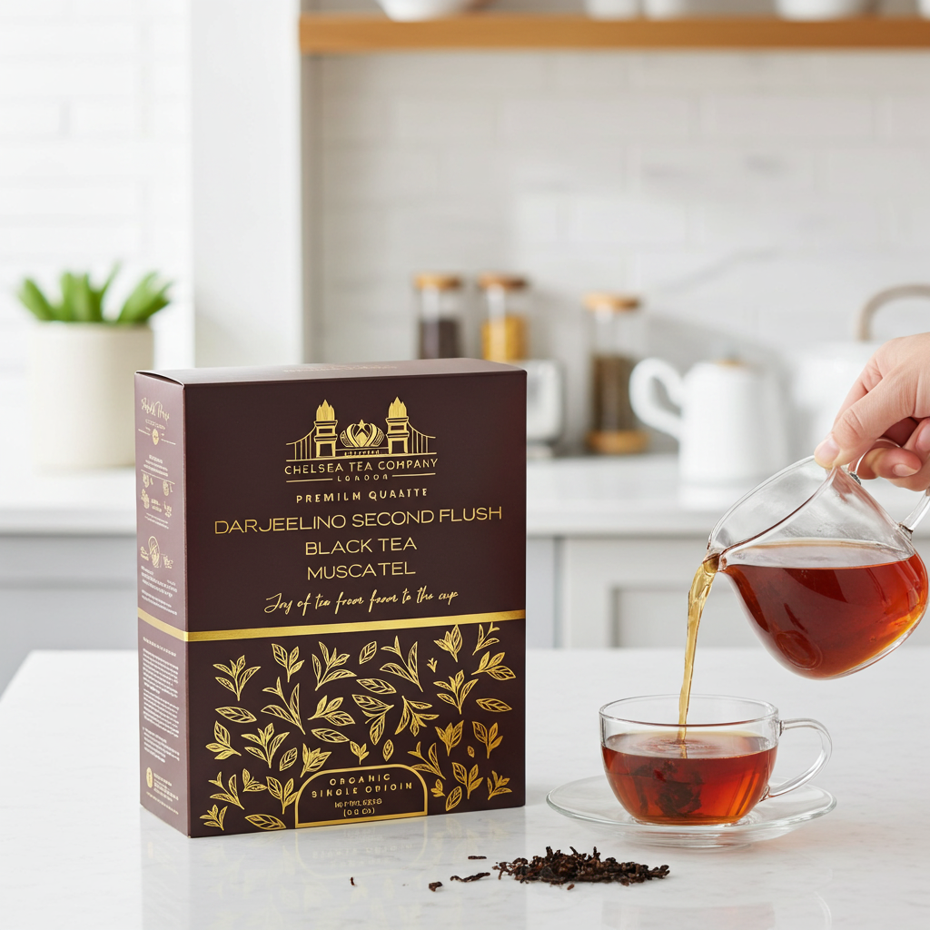 “Darjeeling Second Flush Muscatel Black Tea – rich, aromatic loose leaf tea with natural muscatel flavour from Chelsea Tea Company.”