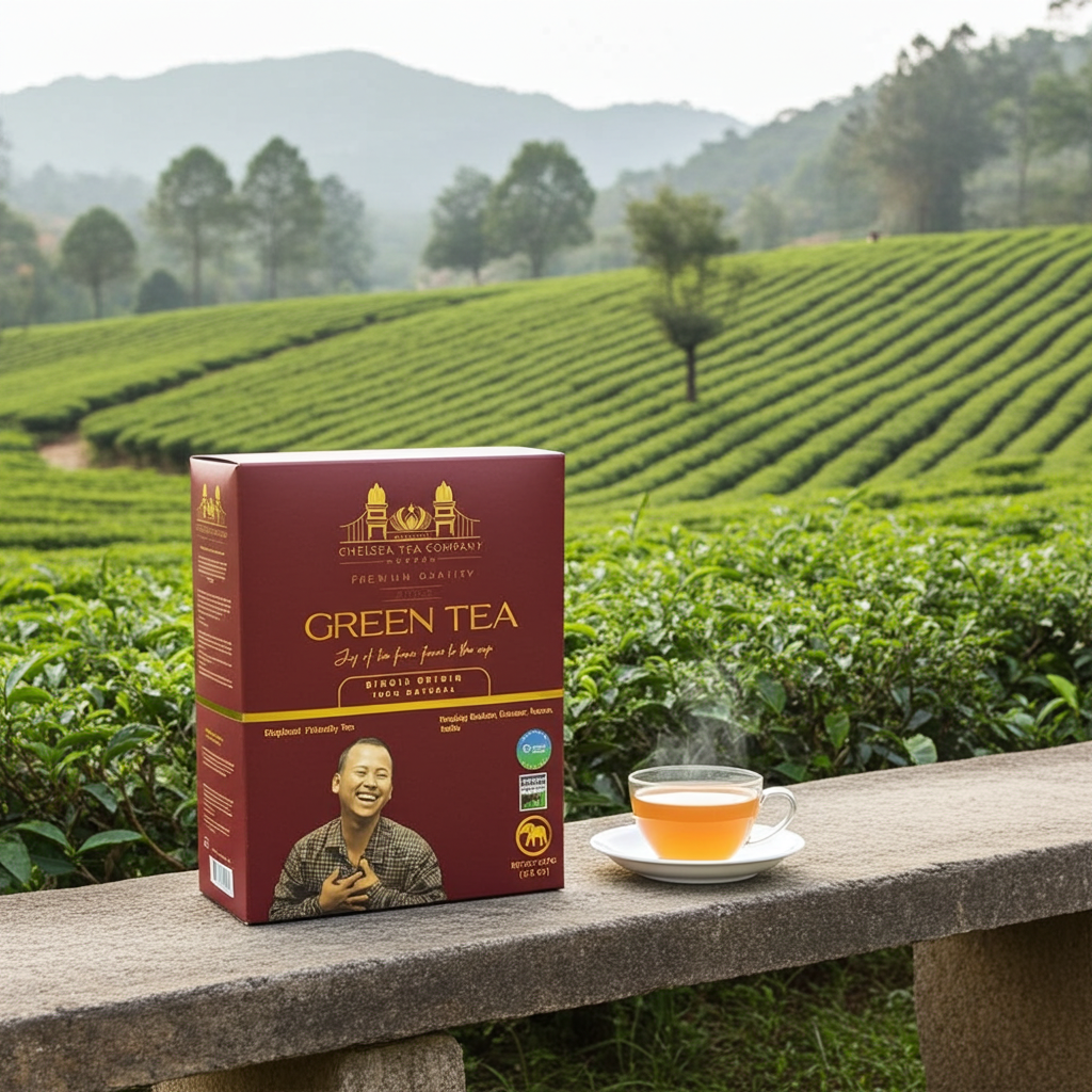 “Tenzing Bodosa Luxury Assam Green Tea – world’s first elephant-friendly loose leaf tea from Assam by Chelsea Tea Company.”